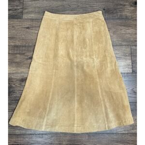 100% Leather A-Line Midi Skirt Tan Beige Lined Pursuits Ltd Sz 12 Boho Festival